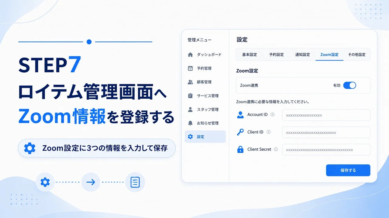 ロイテム管理画面のZoom設定にAccount IDとClient IDとClient Secretを登録する方法