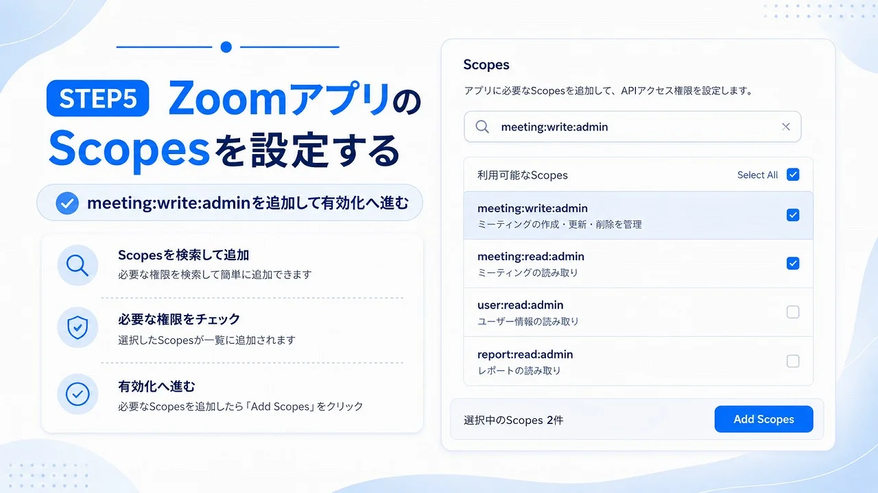 Zoom Server-to-Server OAuthでmeeting write adminのScopesを設定する方法