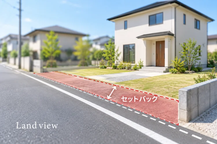 土地購入時にセットバックや道路幅員を確認する様子をイメージした前面道路と住宅の画像