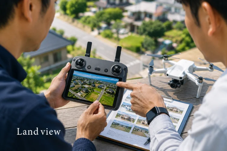 不動産ドローン空撮の映像をプロポ画面で確認しながら撮影内容を打ち合わせしている様子