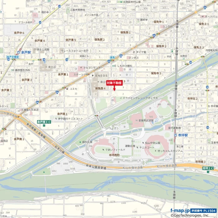 松山市保免西三丁目677番7売土地の位置図 周辺道路と生活施設の位置関係を示した地図画像