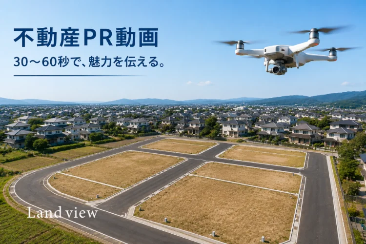 分譲地をドローンで空撮し、不動産PR動画として周辺環境や敷地全体を紹介するイメージ