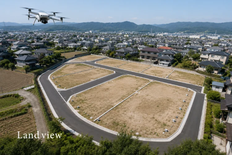 分譲地をドローンで旋回撮影し、複数の角度から敷地や周辺環境を確認するイメージ