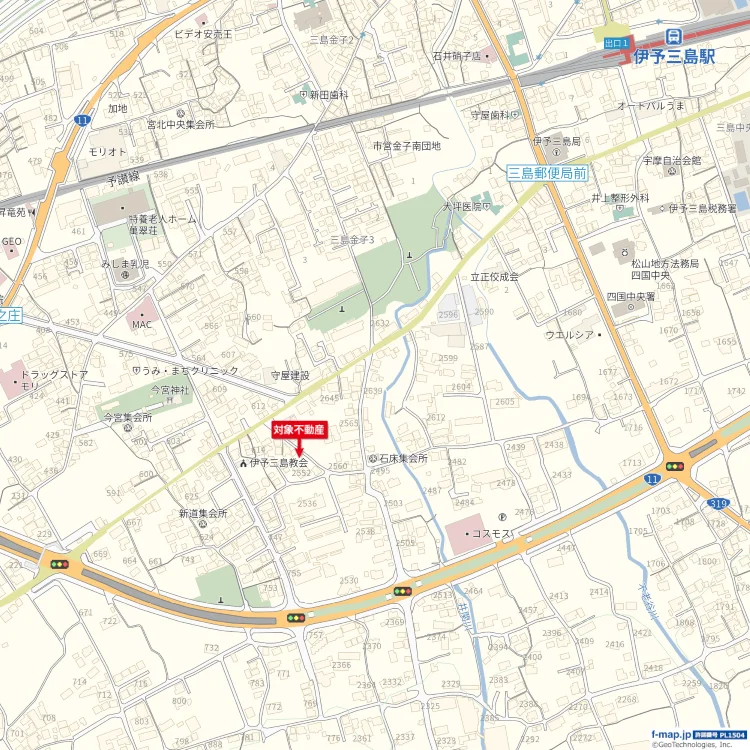 四国中央市中曽根町2553-4の売土地位置図・伊予三島駅や周辺道路を示したMAP