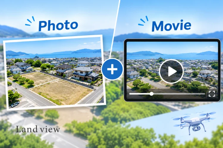 ドローン空撮のPhotoとMovieを並べ、不動産PRで写真と動画を組み合わせるイメージ