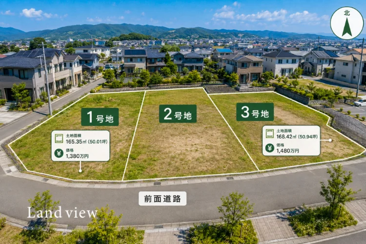 分譲地をドローンで空撮し、各区画の位置や面積・価格・前面道路・方角を表示したPR画像