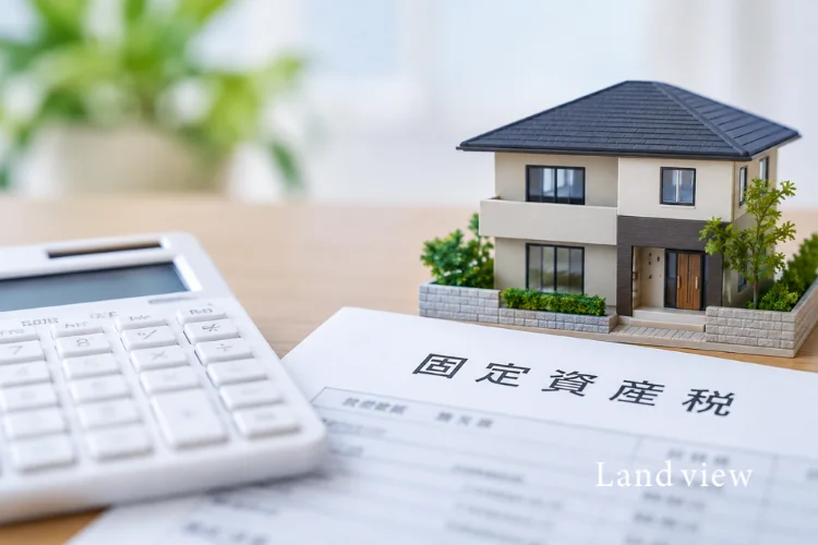 不動産売買時の固定資産税精算をイメージした住宅模型と固定資産税書類、電卓の画像