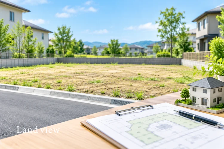 不動産購入前に道路・敷地条件・建築計画を確認する様子をイメージした売土地と住宅模型、図面の画像