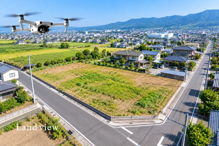 土地全体と前面道路・周辺道路をドローンで上空から撮影し、進入方向や位置関係を確認するイメージ