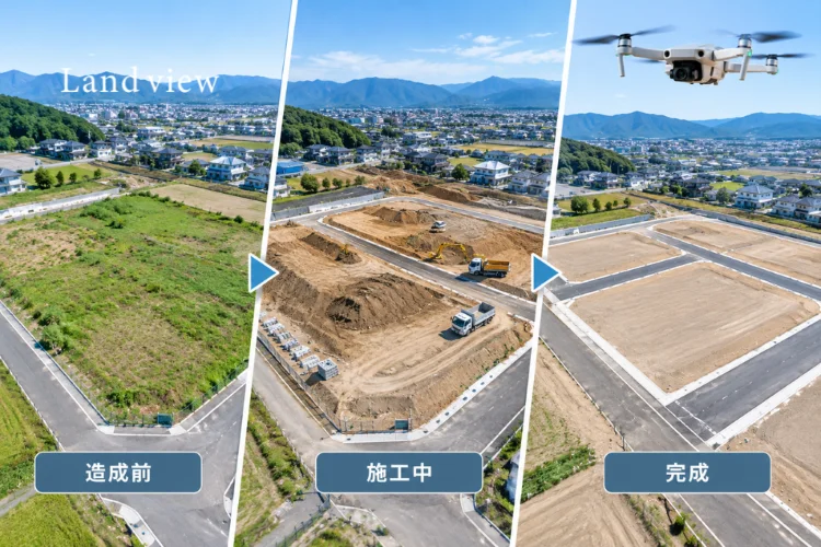 土地所有者への造成工事報告として、造成前・施工中・完成後をドローン空撮で記録したイメージ