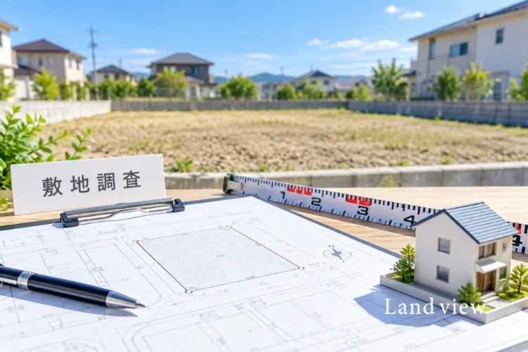 土地購入前に道路・境界・高低差・建築条件を確認する敷地調査をイメージした住宅用地と測量図の画像