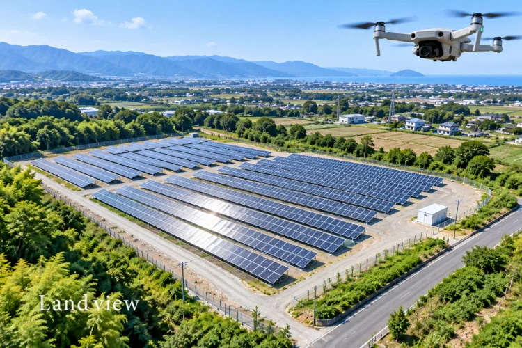 太陽光発電設備と広い敷地をドローンで上空から撮影し、設備配置や周辺状況を確認するイメージ