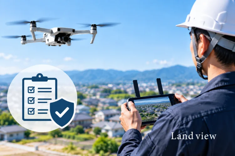 操縦者が安全確認を行いながらドローンを飛行させる、安心できる空撮サービスのイメージ