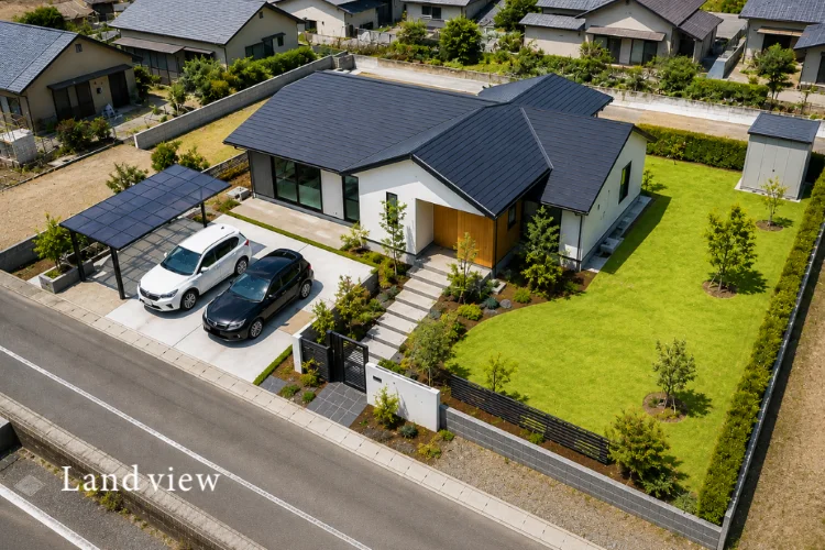 ドローン活用 第14回｜完成住宅・完成見学会をドローン空撮で紹介する｜完成住宅の外観・駐車場・庭・敷地全体を上空から分かりやすく伝える建築向け空撮イメージ写真｜株式会社Land view（ランドビュー）