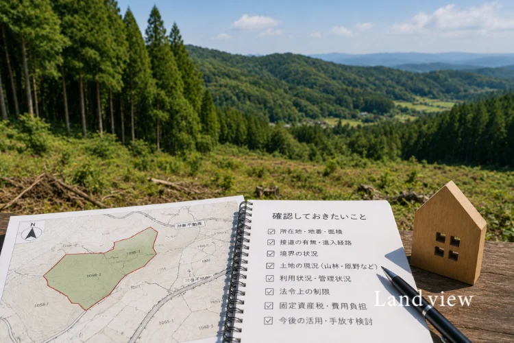 山林や原野、使っていない土地の相続前確認をイメージした土地資料と山林の風景