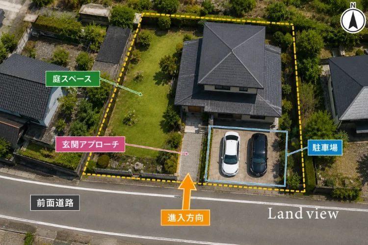 ドローン活用 第13回｜建物・駐車場・庭の配置を空撮写真で分かりやすく見せる｜上空から建物配置・駐車場・庭スペース・玄関アプローチ・進入方向を示す不動産向け空撮イメージ写真｜株式会社Land view（ランドビュー）