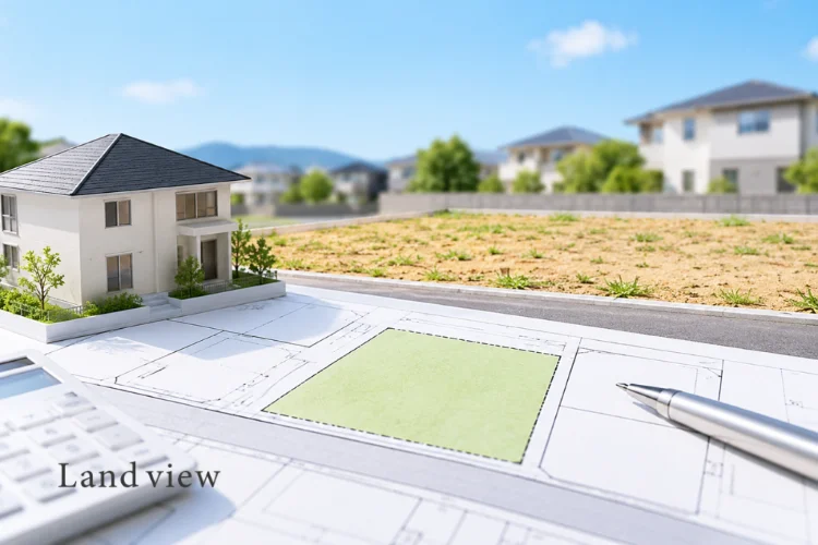 土地購入前に建築可否や建築計画を確認する様子をイメージした売土地と住宅模型、建築図面の画像