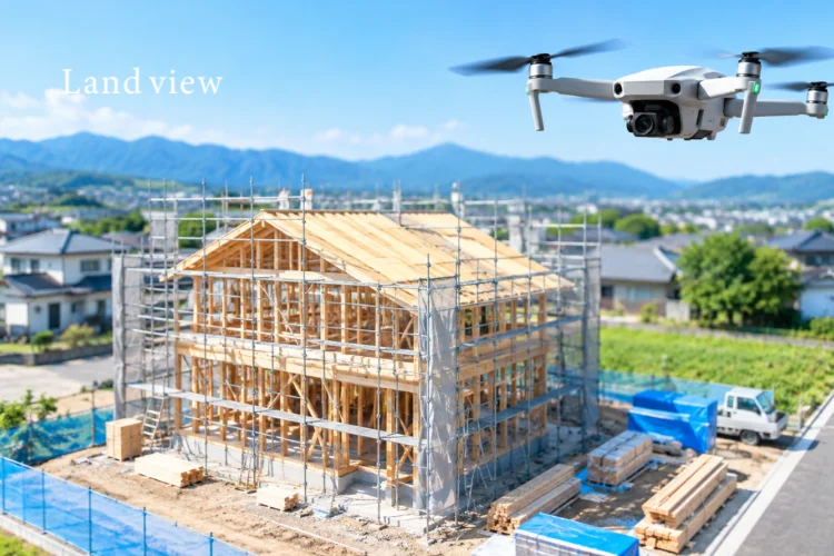 建築工事の進捗を施主や発注者へ報告するため、工事中の住宅をドローンで空撮しているイメージ
