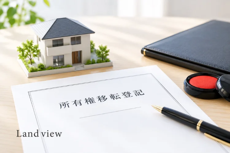 不動産売買の所有権移転登記をイメージした書類と住宅模型、印鑑、ペンの画像