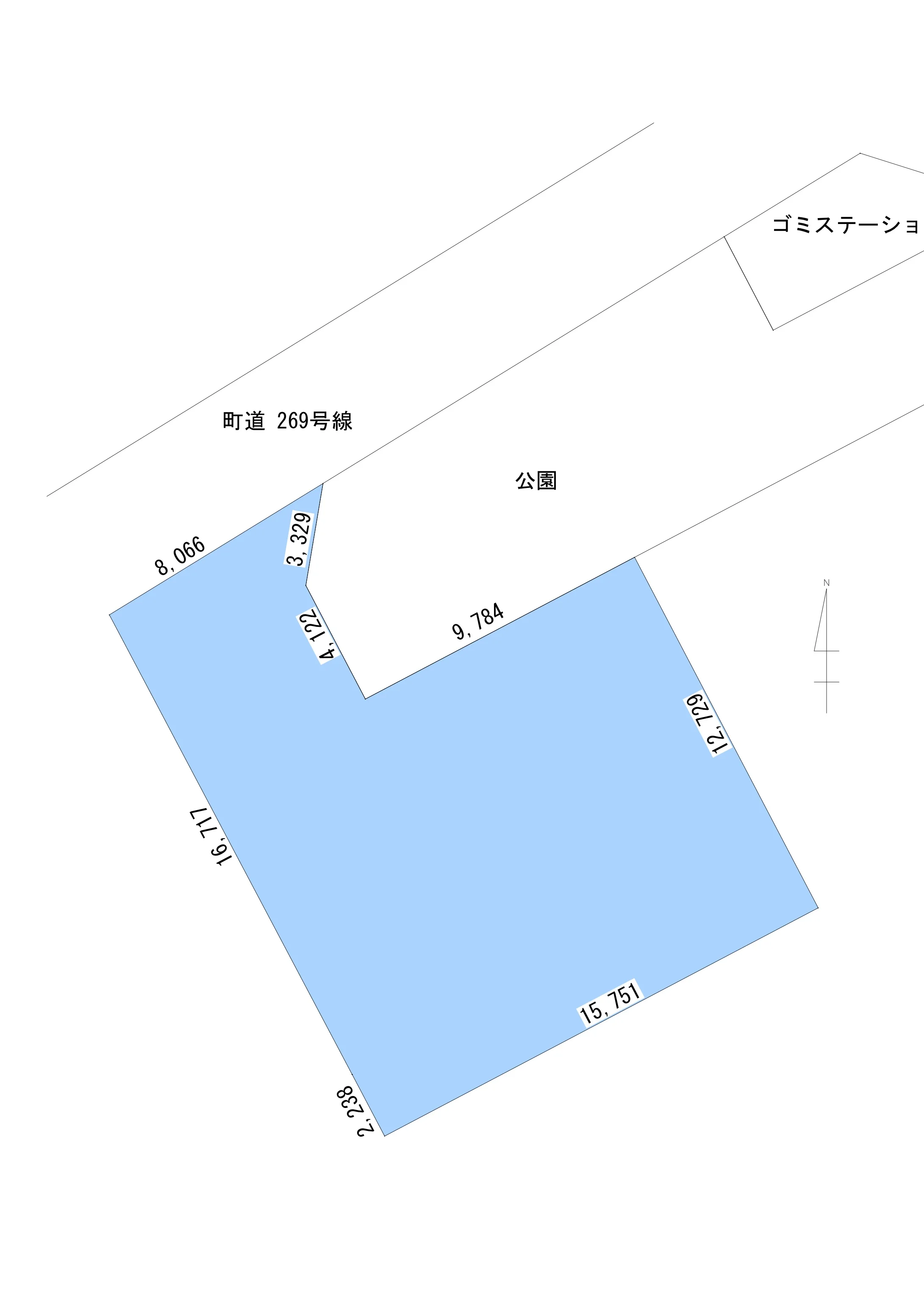 多度津町幸町分譲地 区画図 敷地形状と寸法、町道269号線および隣接する公園との位置関係