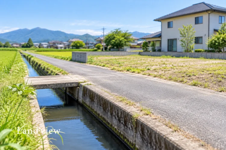 土地購入時に水路や農道、接道状況を確認する様子をイメージした住宅地と農業用水路の画像