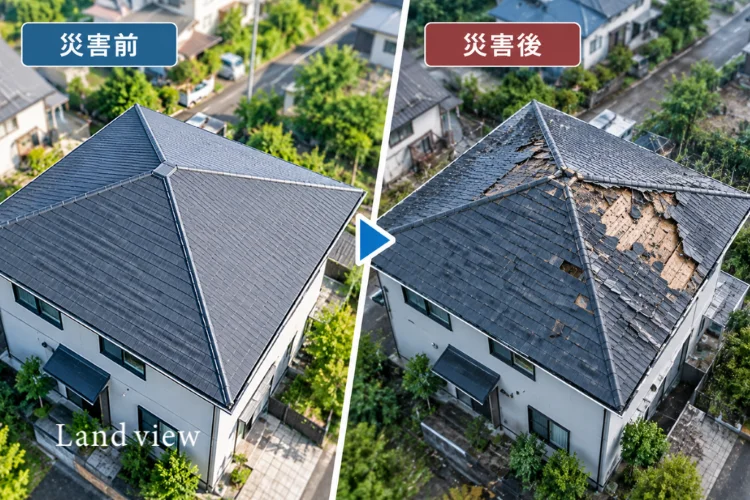 平常時と災害後の住宅屋根をドローン空撮で比較し、被害の変化を記録するイメージ