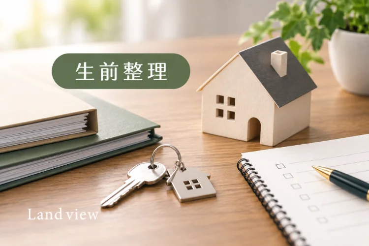 生前整理をイメージした住宅模型と鍵、ノートのある机上風景