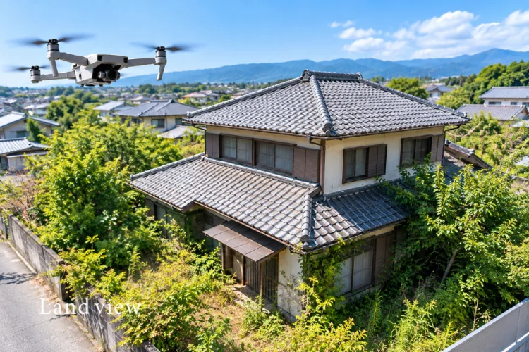 空き家をドローンで上空から撮影し、屋根や外壁、庭木、敷地の状態を定期的に確認するイメージ