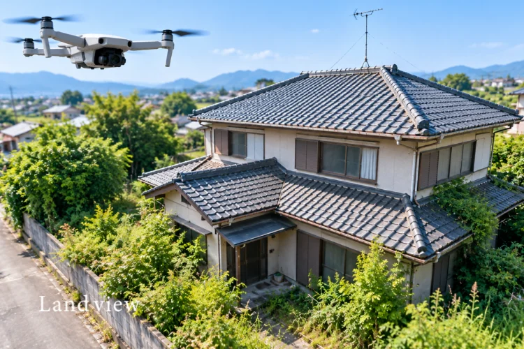 空き家管理で屋根や外壁、庭木、敷地全体をドローン空撮で確認・記録するイメージ