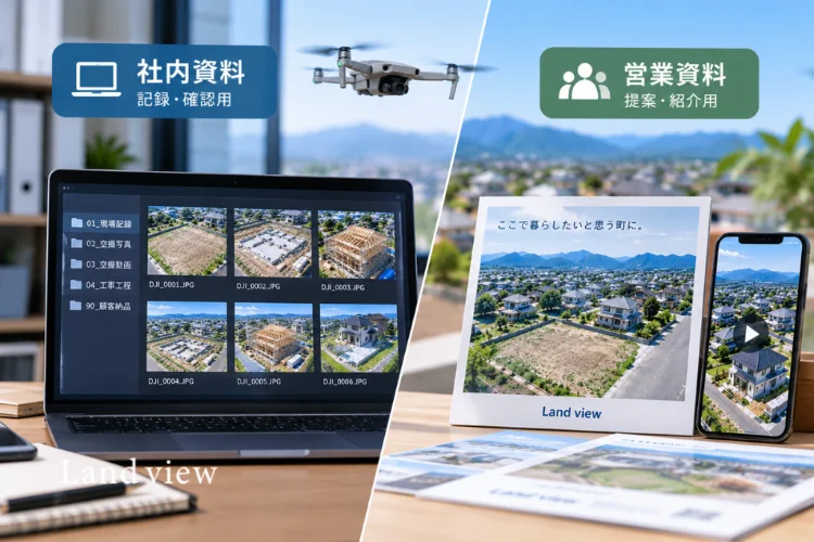 ドローン空撮のPhoto・Movieを社内の記録資料とお客様向け営業資料に使い分けるイメージ