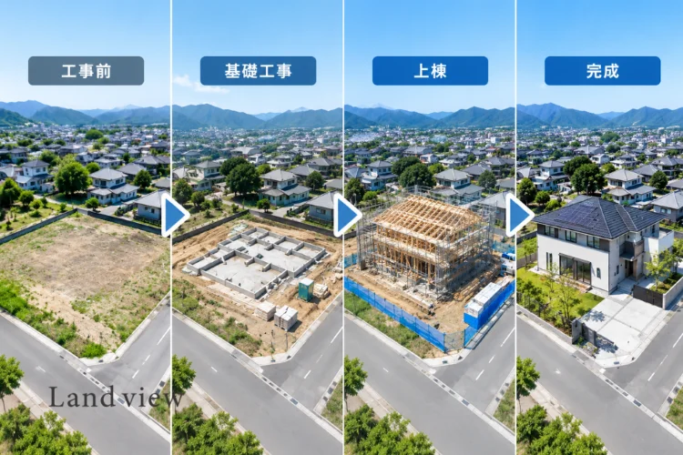 建築工事の進捗を同じ方向から継続撮影して比較したドローン空撮イメージ