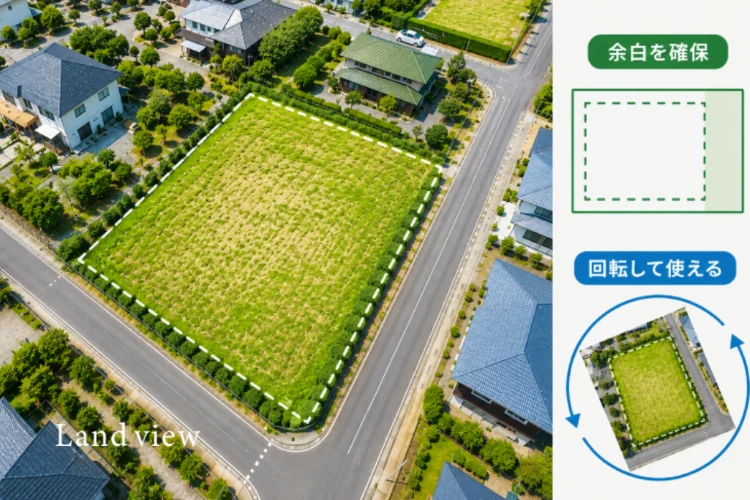 ドローン活用 第15回｜説明文字を入れやすい空撮写真を撮影するポイント｜余白や回転利用を意識して土地の形状・接道状況を分かりやすく示す空撮イメージ画像｜株式会社Land view（ランドビュー）