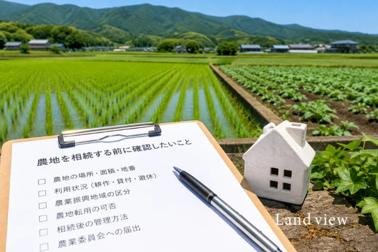 相続不動産 第11回|農地を相続する前に確認したいこと|相続前に農地の場所・地目・利用状況・農地転用や届出の確認事項を整理するイメージ画像|株式会社Land view(ランドビュー)