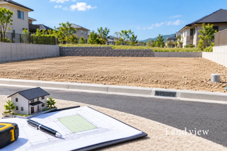 土地購入時に造成状況や建築計画を確認する様子をイメージした造成済み住宅用地と住宅模型の画像