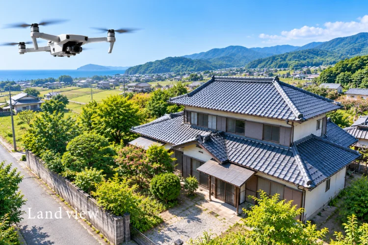 遠方にある実家や空き家をドローンで空撮し、屋根・庭木・敷地の状態を確認するイメージ