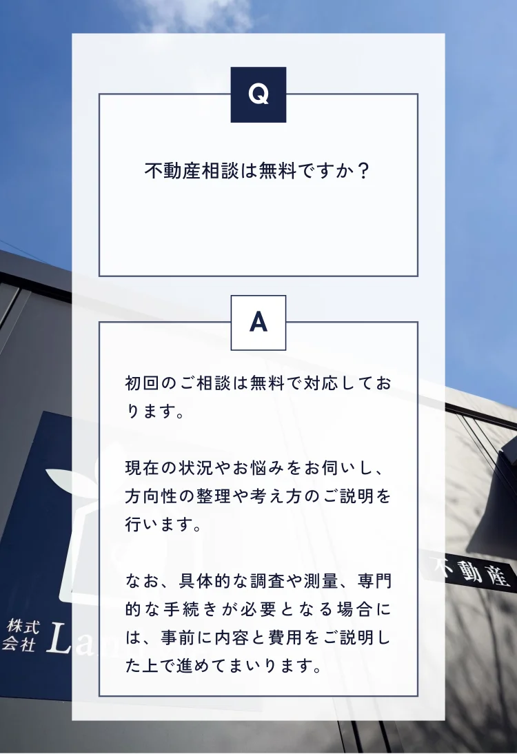 不動産相談は無料かどうかのよくある質問と回答を紹介するバナー画像 初回相談無料の案内 Land view