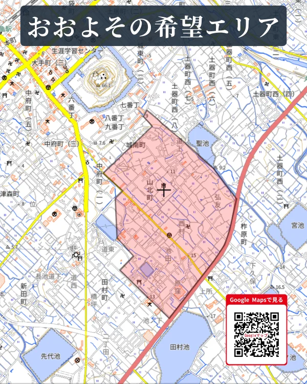 丸亀市山北町・柞原町周辺の地図に、住宅用地を探しているおおよその希望エリアをピンク色で示し、GoogleマップへのQRコードを掲載した案内画像。
