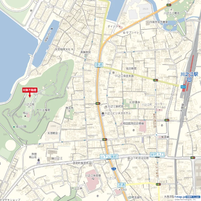 川之江町売土地周辺と川之江城の位置関係が分かる周辺地図