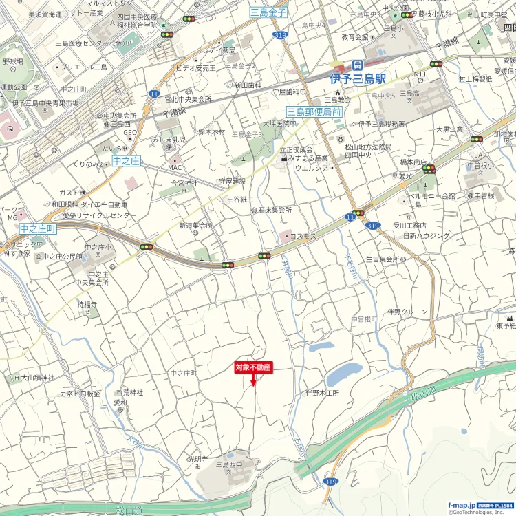 四国中央市中之庄町990番6・990番7(A号地・B号地)の売土地所在地を示した周辺案内図。JR予讃線「伊予三島」駅まで約1,650m(徒歩21分)。国道11号や周辺道路との位置関係が確認できる地図。