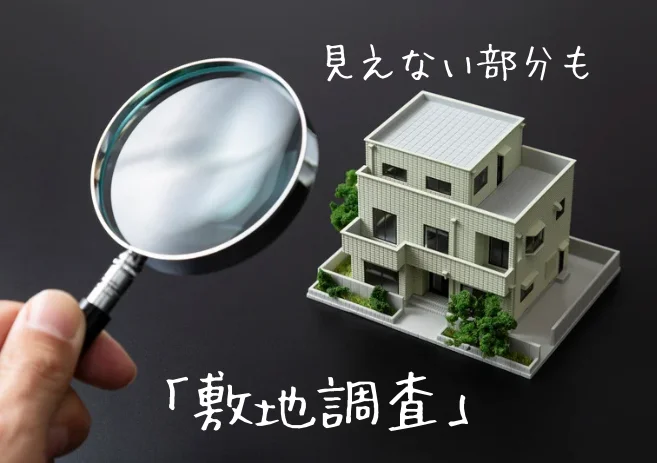 敷地内の見えない部分についてのアイキャッチ画像 拡大鏡で住宅模型を確認するイメージ 敷地調査のご案内