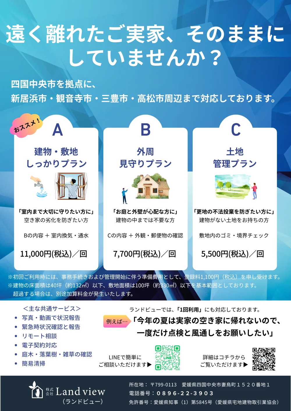 空き家等管理と敷地チェックサービスの紹介イメージ 建物点検を行う様子とサービス案内 Land view