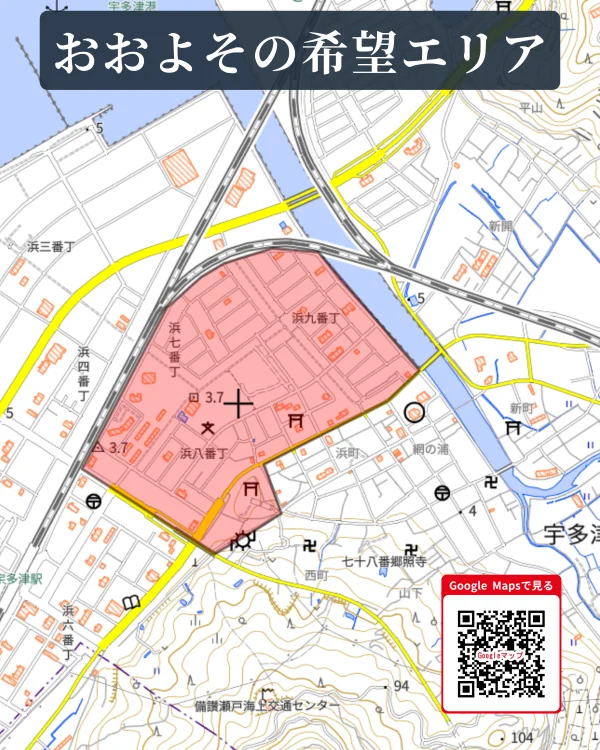 香川県宇多津町の宇多津北小学校区周辺の地図に、住宅用地を探しているおおよその希望エリアをピンク色で示し、GoogleマップへのQRコードを掲載した案内画像。