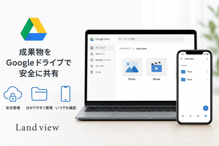 Googleドライブでドローン空撮のPhoto・Movieデータを整理し、パソコンやスマートフォンで共有するイメージ