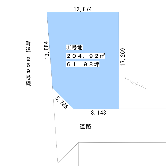 多度津町幸町271-1(1号地)の敷地形状図と土地面積204.92㎡(約61.98坪)の区画図