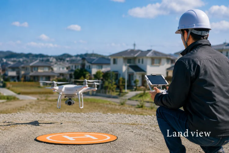 不動産ドローン空撮で画角を確認するため、離着陸を繰り返しながら撮影する様子