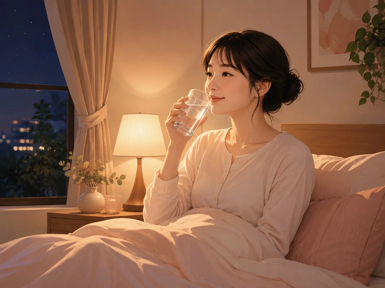 整体施術後に水分を摂りながらゆっくり休む女性