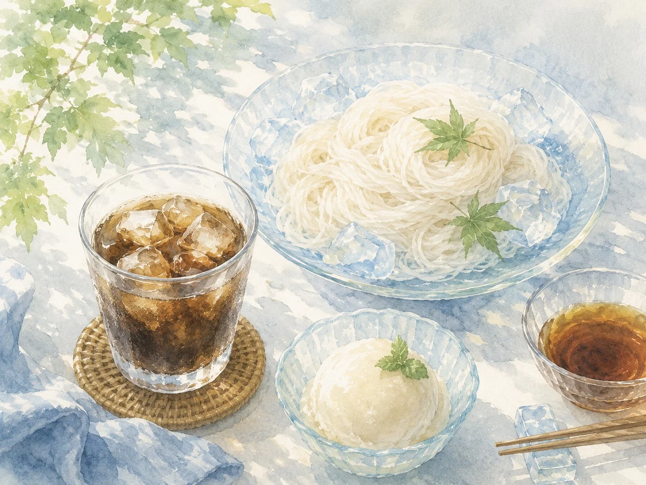 夏バテや内臓の冷えにつながる冷たい飲み物とそうめんなどの食事