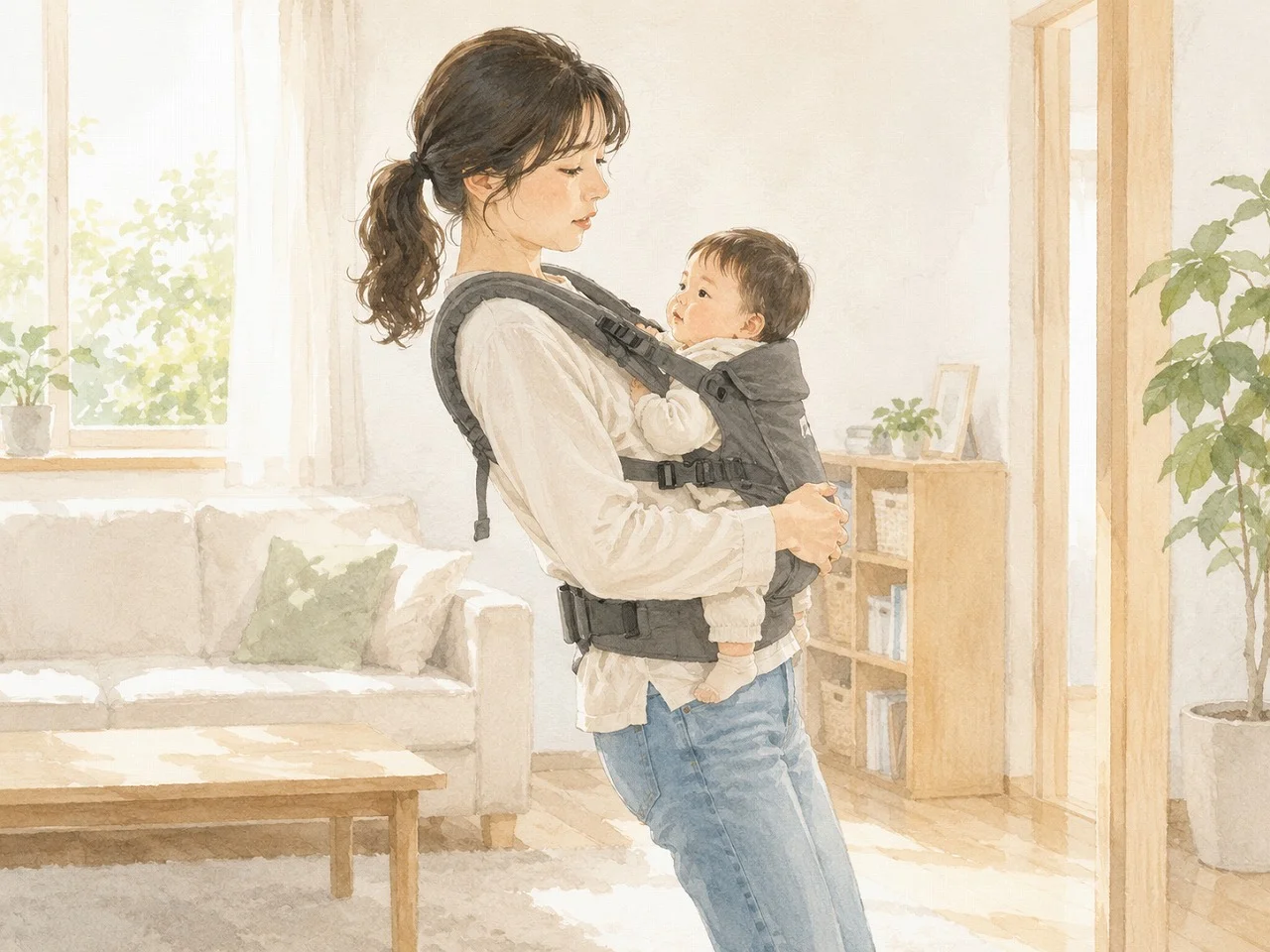 抱っこ紐で赤ちゃんを抱える産後ママの腰や骨盤に負担がかかる姿勢