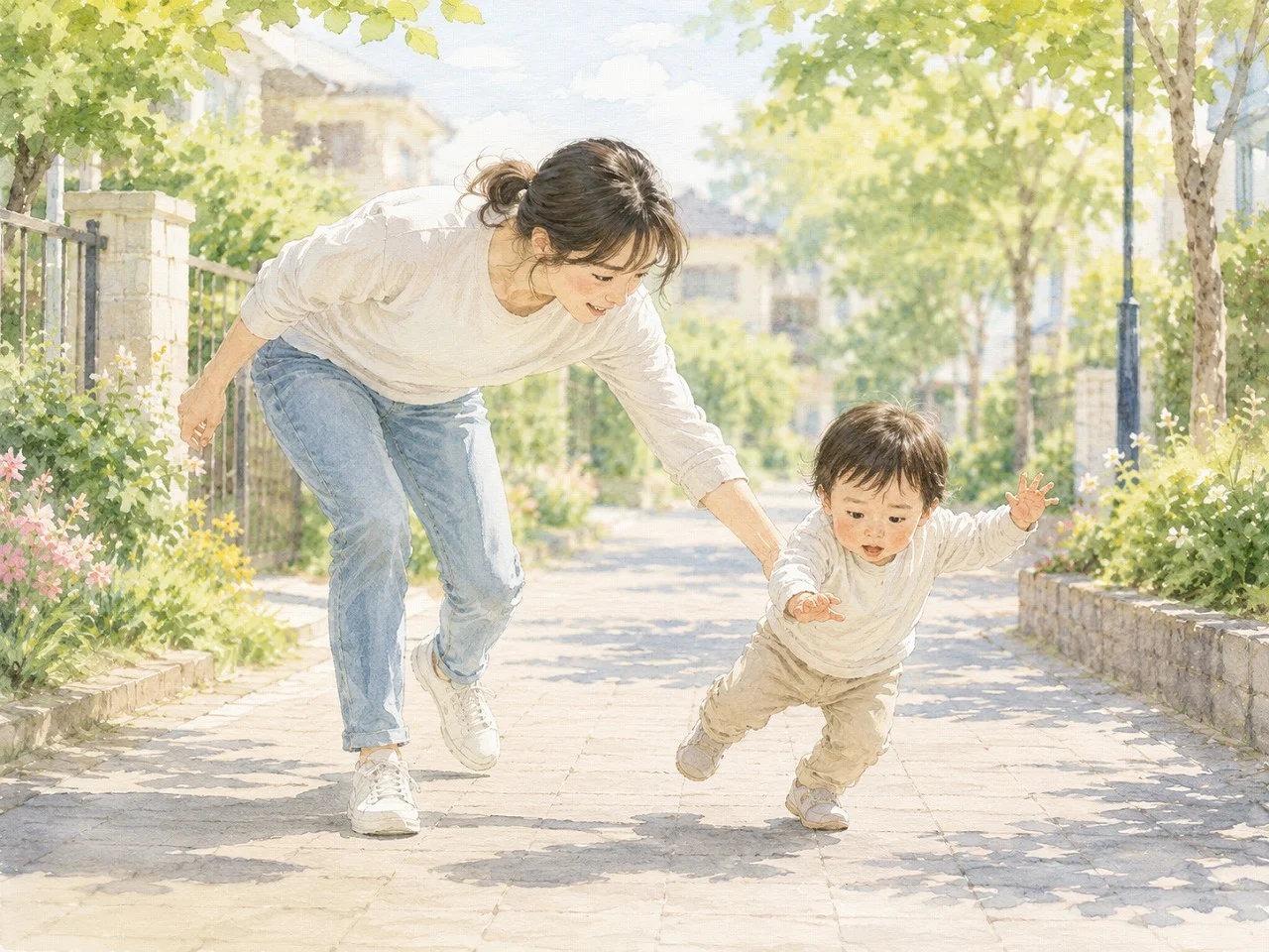 産後1年目に歩き始めの子どもと手をつないで歩く湖南市の母親