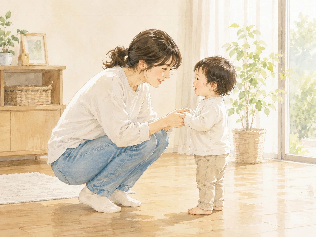 子どもと目線を合わせて深くしゃがむ産後ママの腰と骨盤への負担